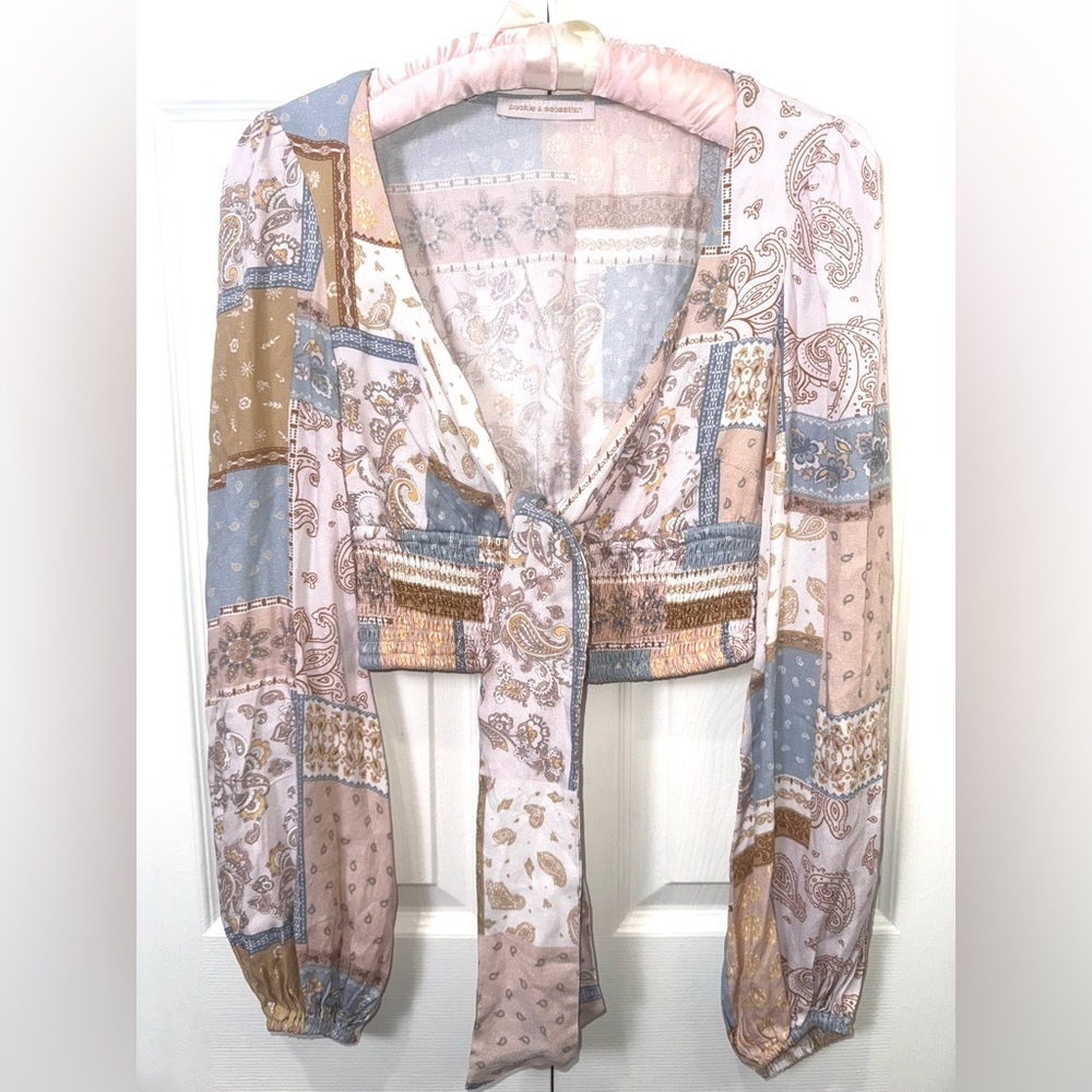 Pookie & Sebastian Patchwork tie front Paisley Women Top size small EUC